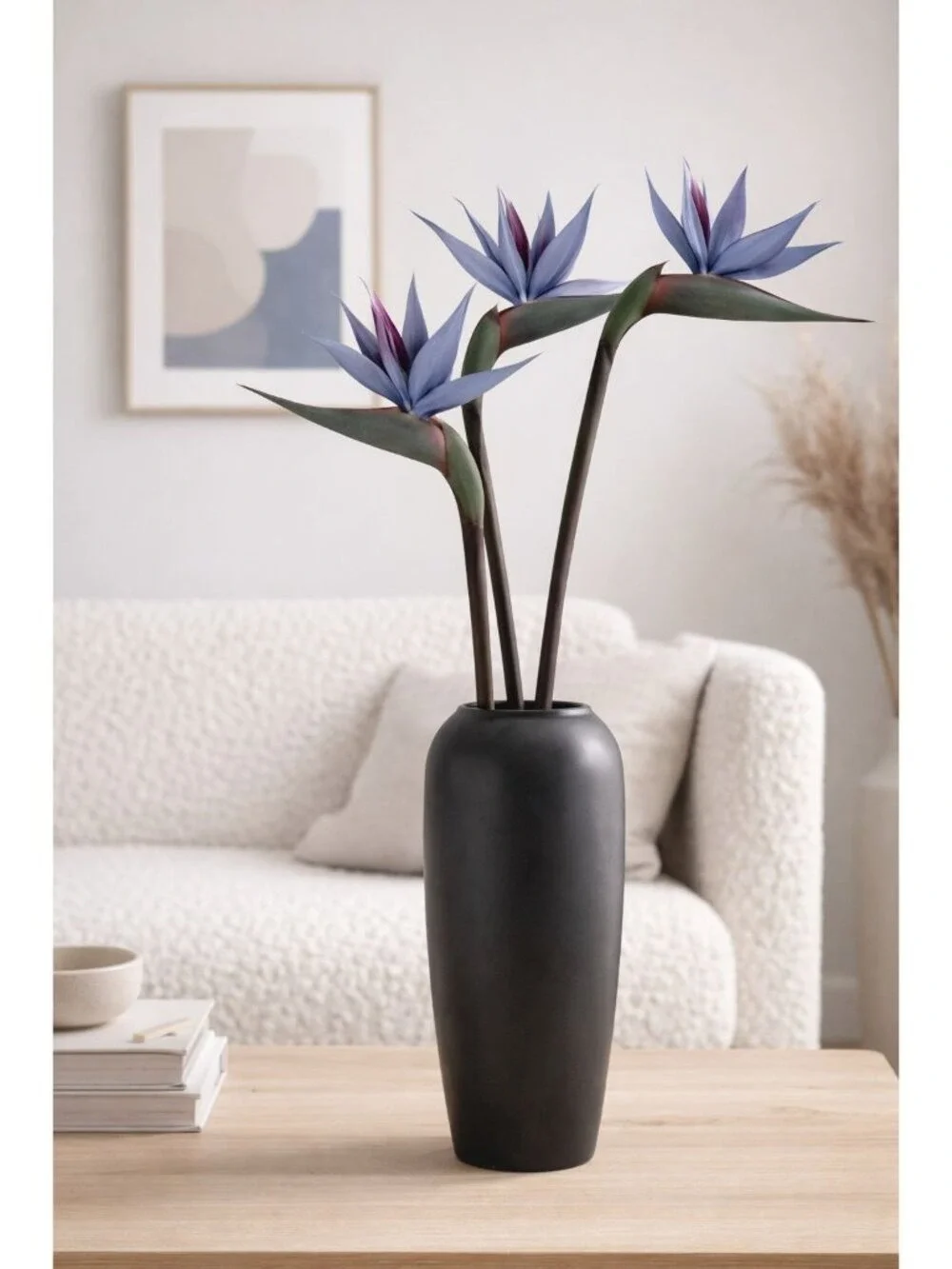 Bird of Paradise Stems Set of 3 Faux Tropical Flowers 30 Inch Tall Moody Blue Pu